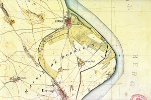 Alte detaillierte Karte von Dormagen, Deutschland, mit Straßen, Gebäuden und Sehenswürdigkeiten mit sichtbarem Text und einem Stempel.