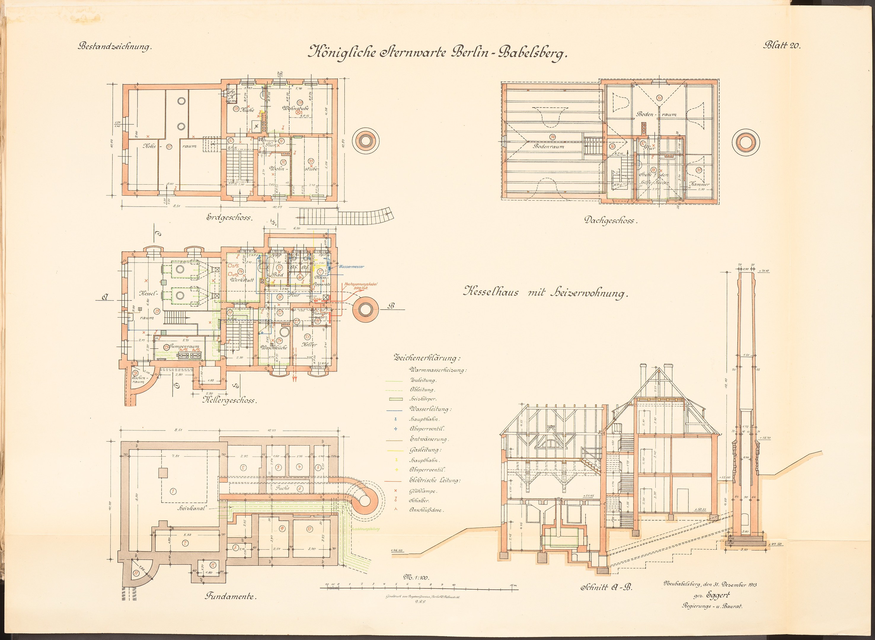 Altes Buch mit detaillierten Architekturplänen und Text, das eine Zeichnung des ursprünglichen Plans für das Königliche Hermwerk Berlin-Baklberg Gebäude zeigt.