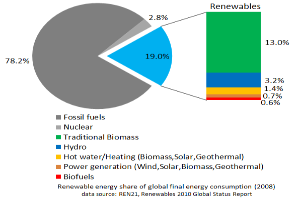 Ein Kreisdiagramm, das den globalen erneuerbaren Energieverbrauch im Jahr 2008 zeigt, unterteilt in Abschnitte für fossile Brennstoffe, Kernenergie, Wasser, Heißwasser, Heizung, Biomasse, Solar, Geothermie und Biokraftstoffe, mit begleitendem Text, der weitere Dateninformationen bereitstellt.