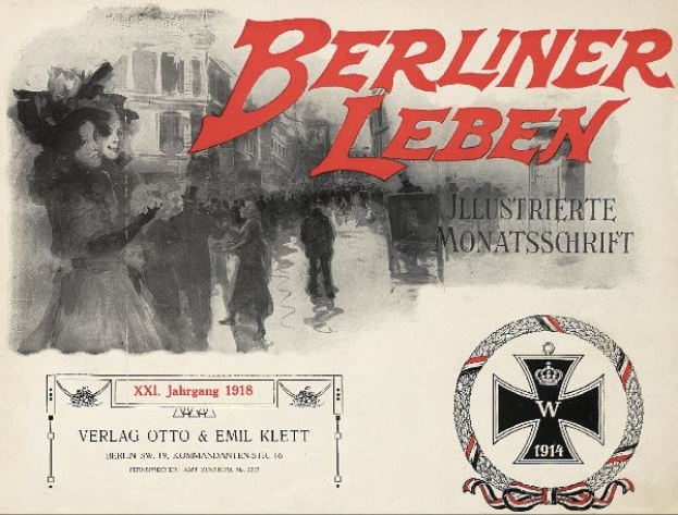 Altes Buchcover mit dem Text "Berliner Leben", einem militärisch anmutenden Logo und einer Gruppe feiernder Menschen.