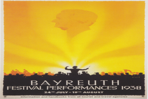 Plakat für die Bayreuth-Festival-Aufführungen 1938, das eine zentrale Figur umgeben von einer Gruppe von Menschen mit Text zu Festivaldetails zeigt.