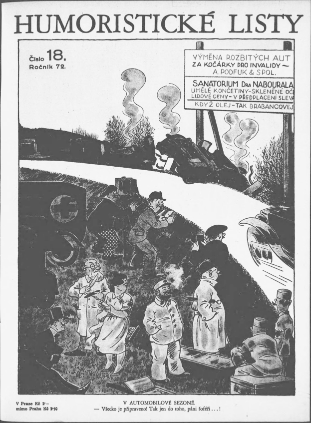 Schwarz-weiß-Zeichnung von Menschen, die auf einen Zug schauen mit "humoristische Listen 18" darauf.