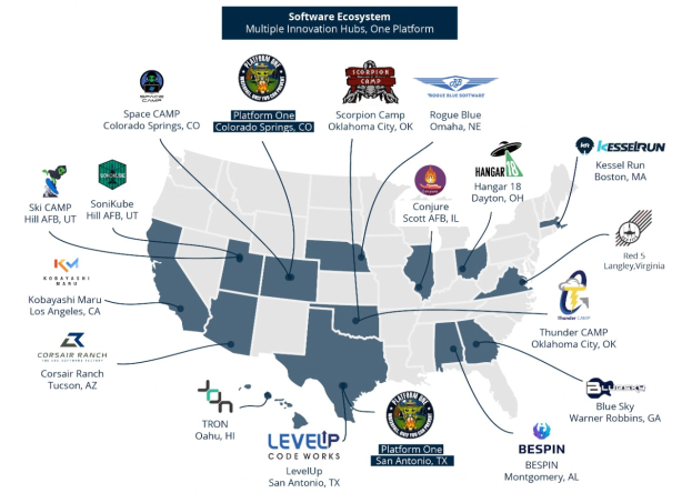 Eine Karte der Vereinigten Staaten, auf der Unternehmenslogos und Texte die Standorte des Software-Ökosystems markieren.