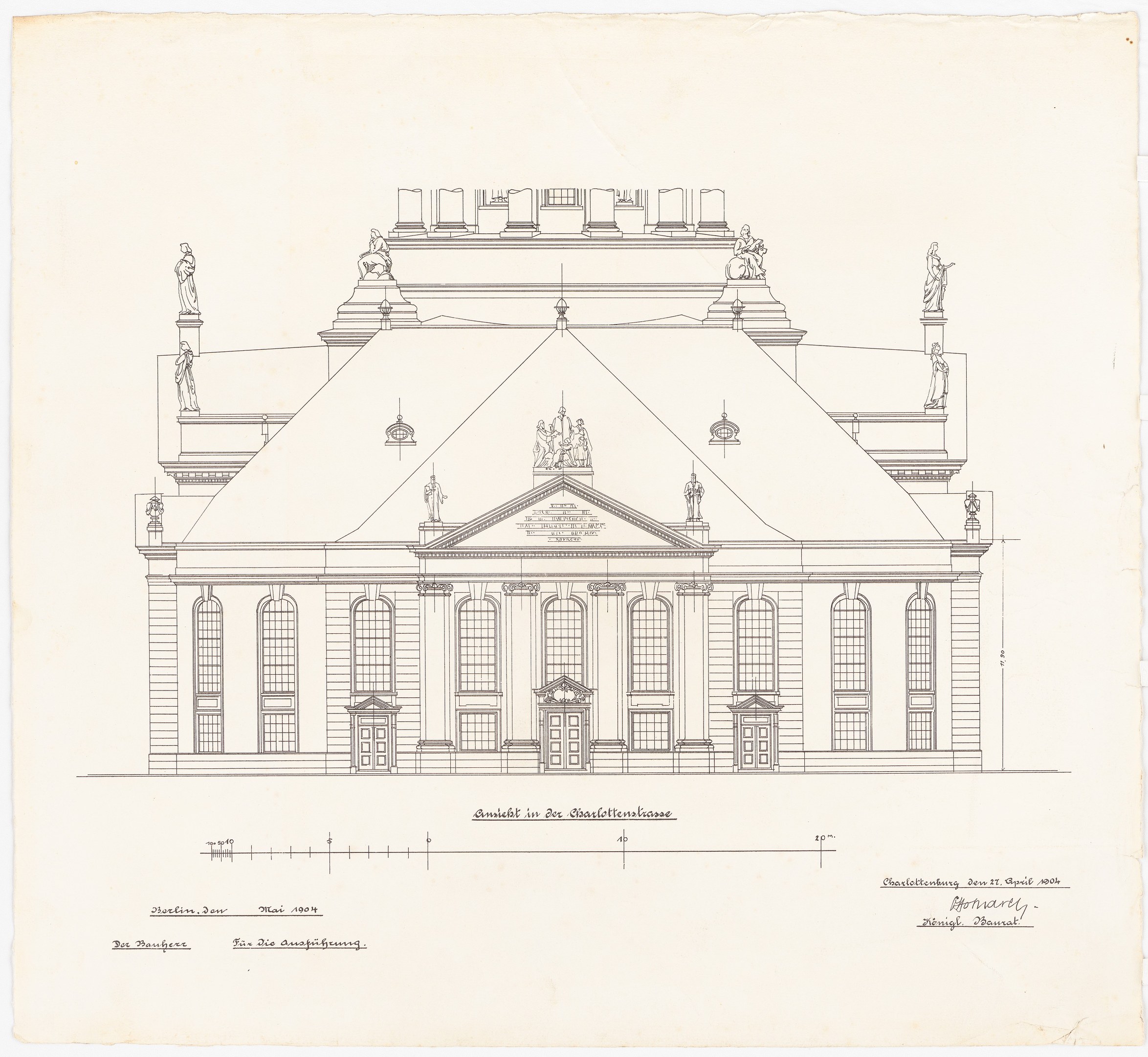 Ein detailliertes Zeichnung einer Schlosshof-Gebäudefassade in Dresden, Deutschland, mit zahlreichen Fenstern und Statuen, skizziert auf Papier mit begleitendem Text.