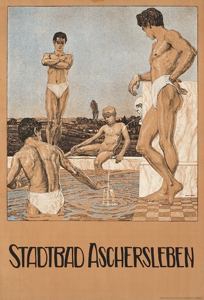Ein Plakat wirbt für ein Schwimmbad in Aschersleben, Deutschland, das Menschen im und um das Becken zeigt, mit Text, der Details über das Schwimmbad und seine Annehmlichkeiten bietet.