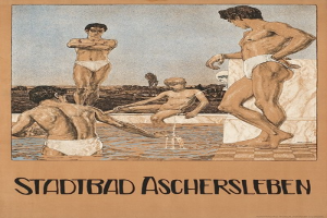 Ein Plakat wirbt für ein Schwimmbad in Aschersleben, Deutschland, das Menschen im und um das Becken zeigt, mit Text, der Details über das Schwimmbad und seine Annehmlichkeiten bietet.