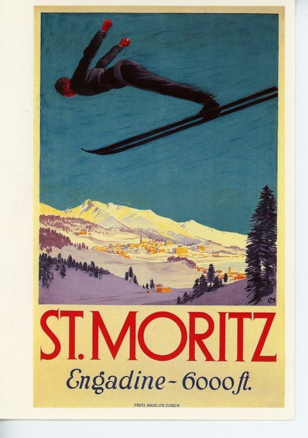 Ein Plakat zeigt eine Person beim Skifahren in der Luft vor einem Hintergrund aus Bäumen, Häusern und Bergen, mit der Aufschrift "St. Moritz, Engadin - 6000ft" unten.