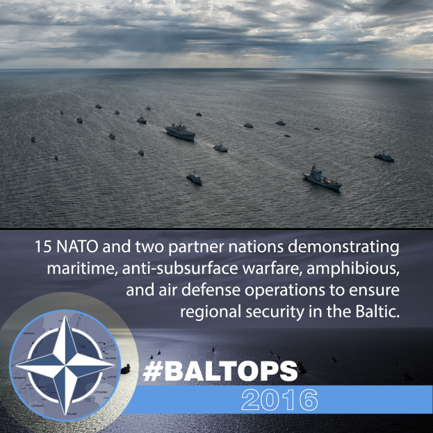 Gruppe von Schiffen auf dem Wasser mit bewölktem Himmel, mit Text und Logo über NATO-Marineoperationen in der Ostsee.