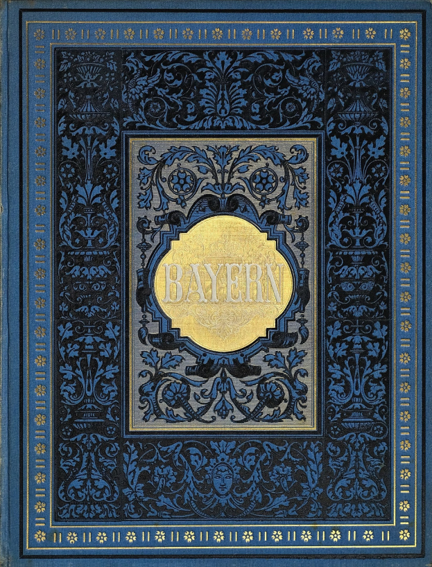 Ein blau-goldenes Buch mit dem Wort 'Bayern' auf dem Cover, verziert mit detaillierten Designs.