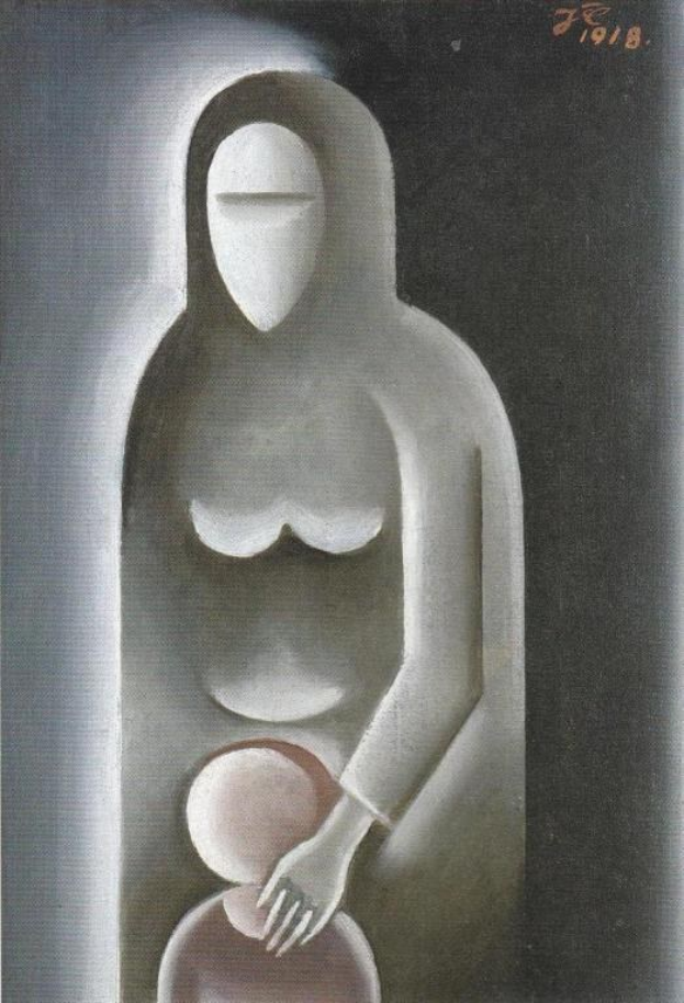 Gemälde mit dem Titel "Mutter und Kind" von KÜNSTLER, 1918, das eine Frau in einem weißen Kleid zeigt, die ein Baby auf ihrem Schoß hält, mit gedämpften, erdigen Farben und einer friedlichen Atmosphäre.