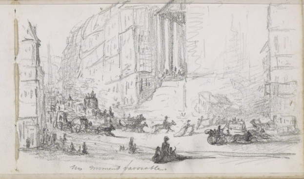Ein detailliertes Stadtstraßenbild mit Menschen, Fahrzeugen und Gebäuden, geschaffen von Joseph Mallord William Turner, mit Text unten.