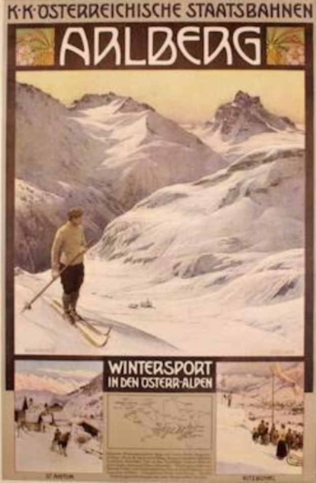 Ein Plakat, das den Wintersport in den österreichischen Alpen bewirbt und einen Skifahrer sowie Bilder von Menschen und Bergen mit begleitendem Text zeigt.