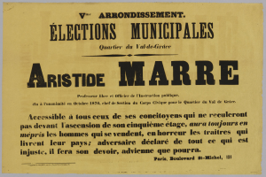 Plakat mit dem Text "Elections Municipales Aristide Marre" auf einem weißen Hintergrund.