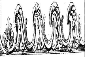 Schwarz-weißes dekoratives Design mit dem Wort "Ländlich" in fetter Schrift in der Mitte, mit komplexen Wirbeln und Kurven.