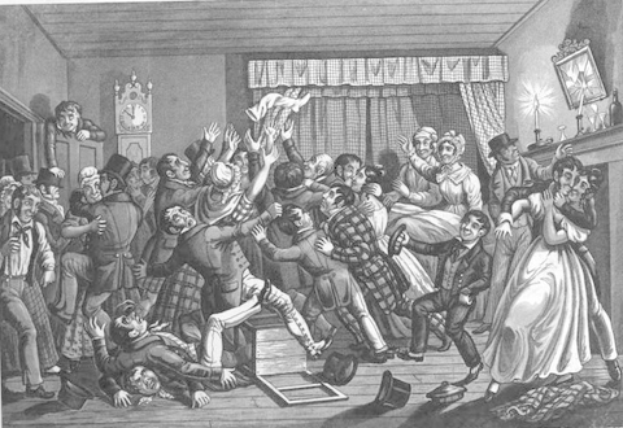 Eine schwarze und weiße Illustration einer Gruppe von Menschen in einem Raum mit einer Uhr an der Wand, Vorhängen im Hintergrund und verschiedenen Gegenständen auf einem Tisch rechts daneben, mit Text unten, der "Die Silvesterparty in London, England" lautet.