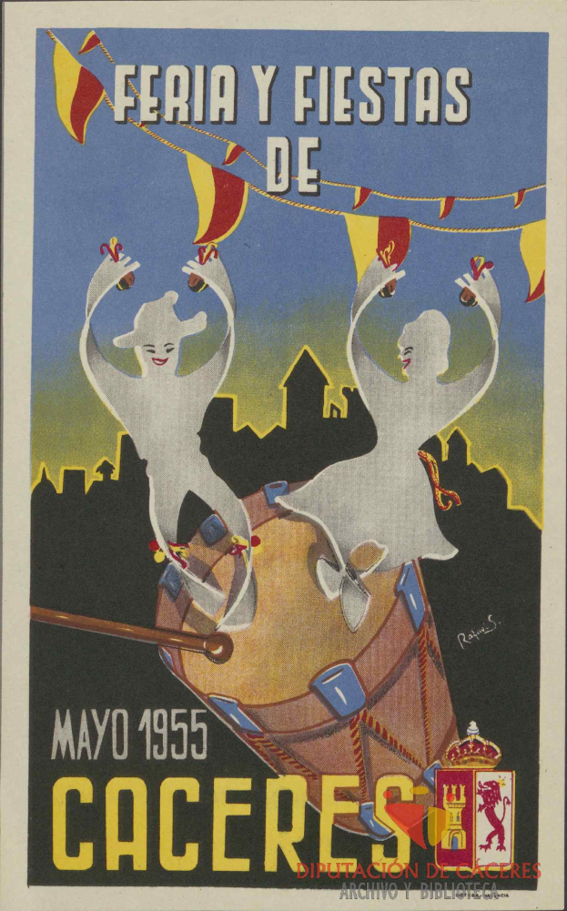 Ein buntes Plakat wirbt für das Karnevalsfest "Feria y Fiestas de Caceres" in Spanien, das Menschen in traditioneller Kleidung auf einem hellgelben Hintergrund zeigt, mit Veranstaltungdetails und einem Festival-Logo.