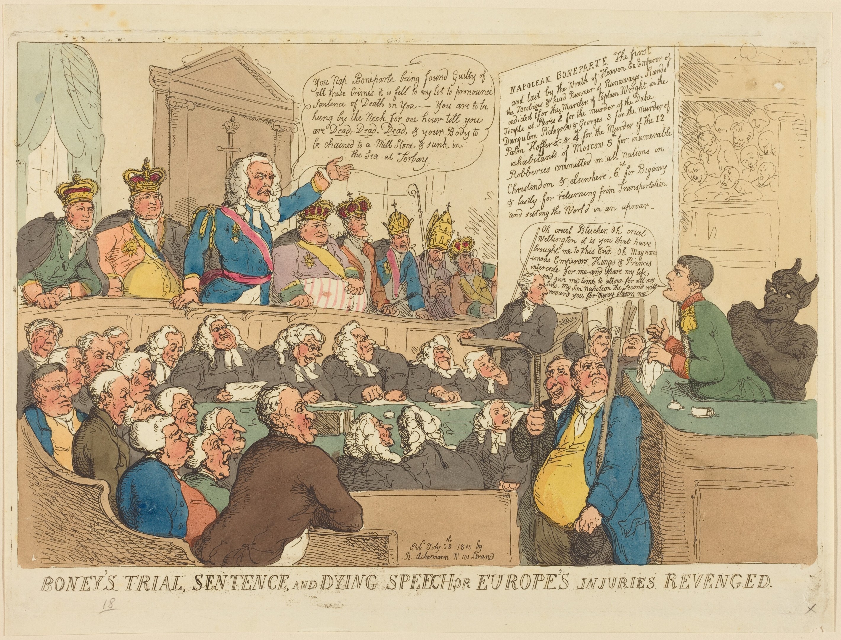 Cartoon courtroom scene with a standing man at center, a table with objects on the right, and text reading "Boney's Trial, Sentence, and Dying Speech Europe's Injuries Revenged" at the bottom.