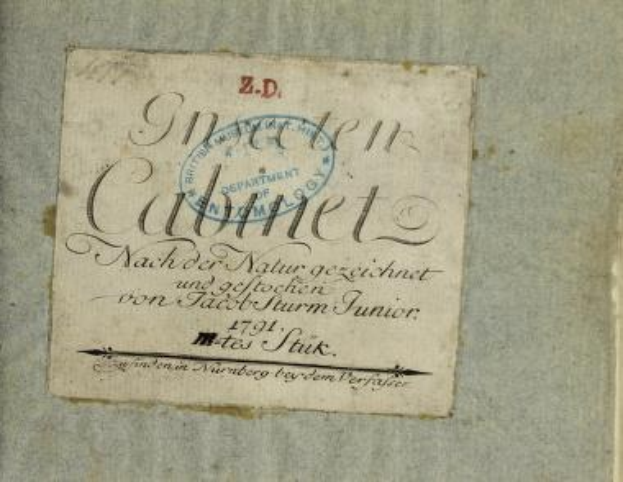 Erste Auflage des Buches "Z.D." gedruckt in Nürnberg, Deutschland im Jahr 1791, mit einem Stempel und handgeschriebenem Text auf altem Papier.