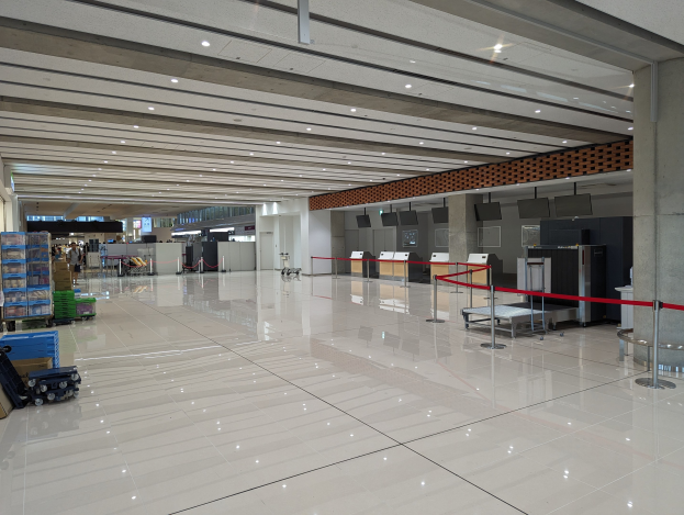 Großer Flughafen-Terminal mit verstreuter Gepäckstücken, Gepäckwagen, Kartons, Absperrpoller mit Bändchen, Säulen, wandmontierten Fernsehgeräten und Deckenleuchten, wahrscheinlich im Check-in-Bereich.