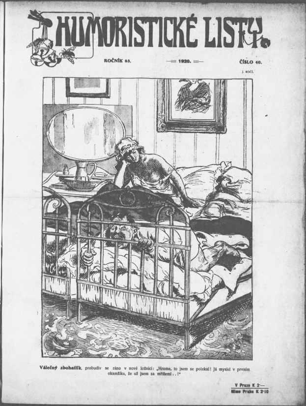 Schwarzes und weißes Bild einer Person, die auf einem Bett liegt, mit einem Spiegel auf dem Nachttisch und einem Rahmen an der Wand, begleitet von Text, der "humoristicke list - czechoslowakei - april 20, 1920" an der Spitze und unten liest.