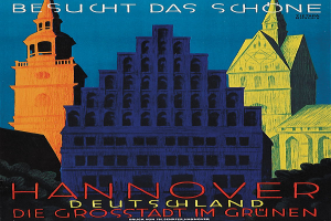 Ein Plakat, das Hannover, Deutschland, bewirbt und ein paar Gebäude, Bäume und Text zeigt, der Informationen über die Stadt enthält.