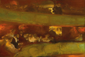 Ein Bild einer vielseitigen Gruppe von Menschen in einem hell erleuchteten Theater, alle in formeller Kleidung, einige stehend, einige sitzend, die eine lebhafte und einladende Atmosphäre schaffen.