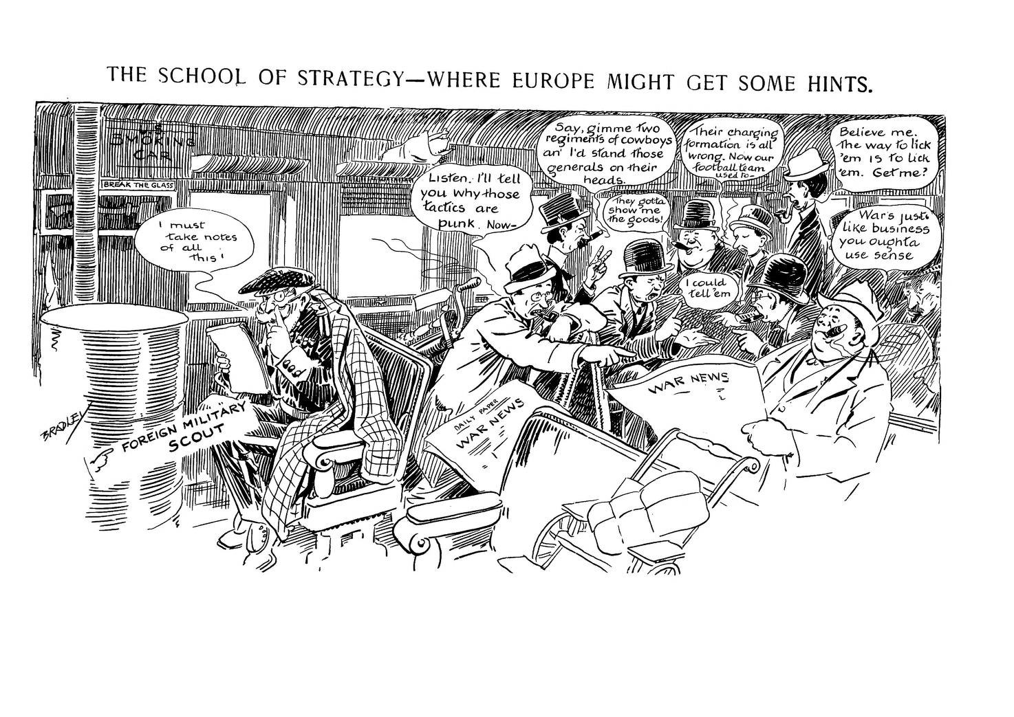 Cartoon-Illustration einer Strategie-Sitzung mit Menschen auf Stühlen, einige halten Papiere, mit Text auf dem Bild.