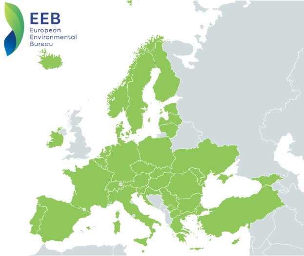 Eine Europakarte mit verschiedenen Grüntönen, die verschiedene Regionen darstellen, und dem Logo des Europäischen Umweltbüros in der linken oberen Ecke.