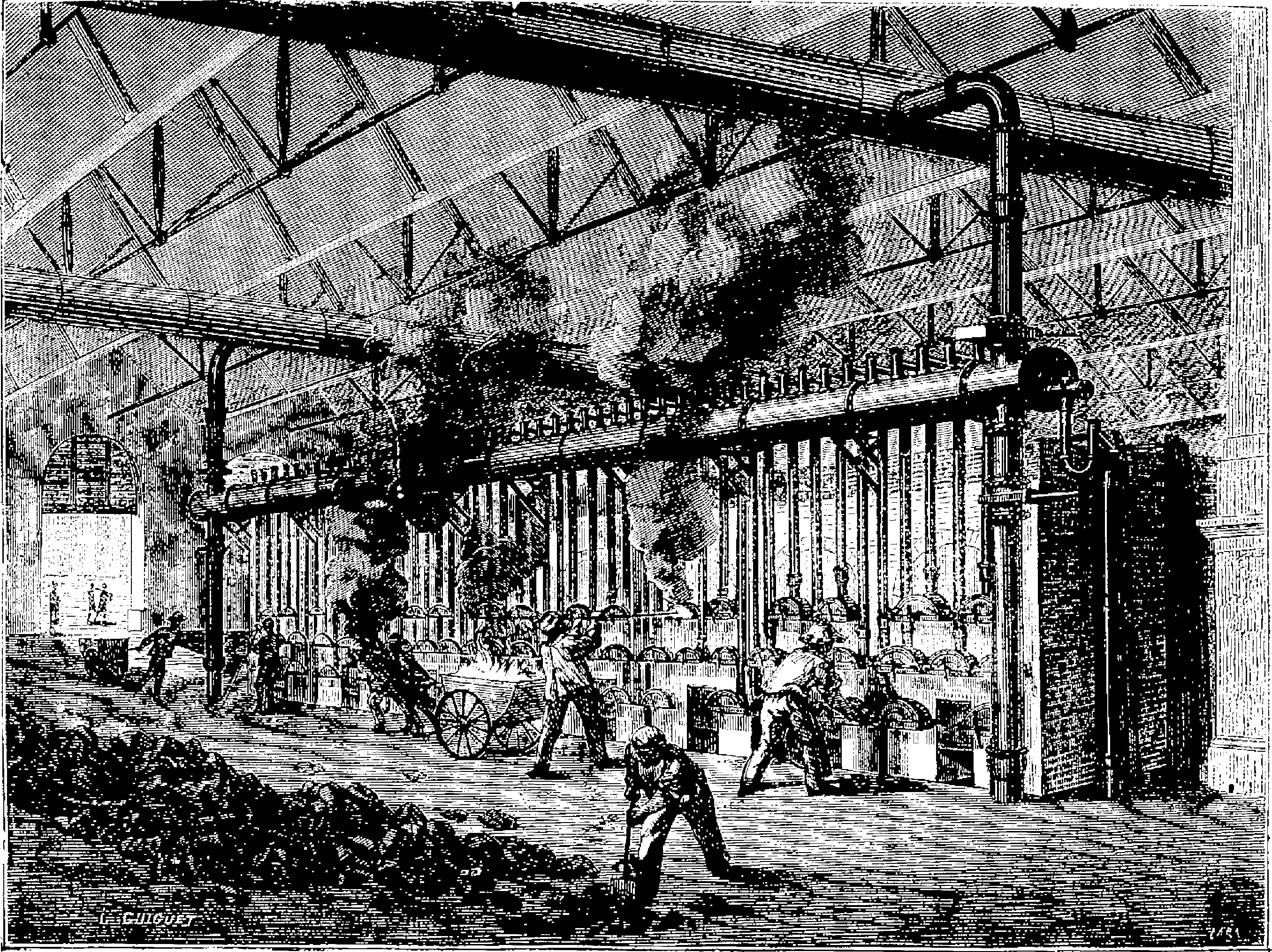 Schwarze und weiße Illustration eines geschäftigen Stahlwerks aus den 1910er Jahren mit Arbeitern, Maschinen und strukturellen Elementen.