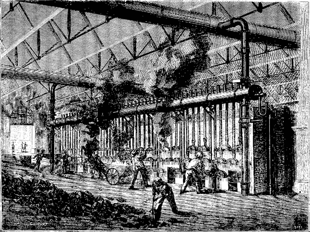 Schwarze und weiße Illustration eines geschäftigen Stahlwerks aus den 1910er Jahren mit Arbeitern, Maschinen und strukturellen Elementen.