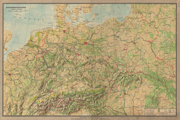 Ein detailliertes altes Deutschland-Karte, das Straßen, Autobahnen und geografische Merkmale mit Text oben und unten anzeigt.