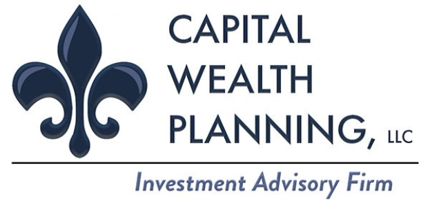 Logo der Capital Wealth Planning, LLC, einer Investmentberatungsfirma: ein blauer Kreis mit einer weißen Umrandung und einem weißen "C" in der Mitte, umgeben von einem weißen Ring mit "Capital Wealth Planning" in blau und "Investmentberatungsfirma" in weiß darunter.