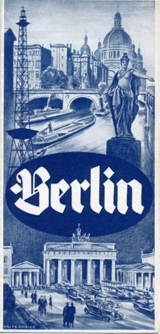 Plakatwerbung Berlin, Deutschland, mit Statue, Gebäuden, Turm, Menschen, Fahrzeugen auf der Straße und Brücke, mit Textinformationen zur Stadt.
