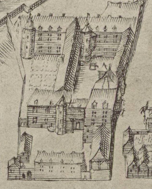 Eine handgezeichnete Stadtansicht mit mehreren Gebäuden, die um ein Haus in der Mitte angeordnet sind, auf Papier mit sichtbarer Schrift.