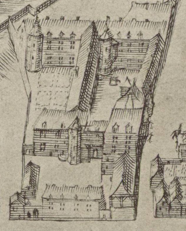 Eine handgezeichnete Stadtansicht mit mehreren Gebäuden, die um ein Haus in der Mitte angeordnet sind, auf Papier mit sichtbarer Schrift.