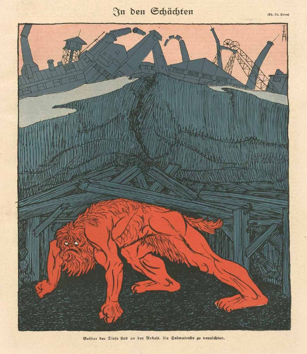 Illustration eines bedrohlichen Werwolfs in Kampfstellung vor einer rauchenden Fabrik, mit einem Plakat, das den Werwolf und fett gedruckten Text im Hintergrund unter einem tiefblauen Himmel zeigt.