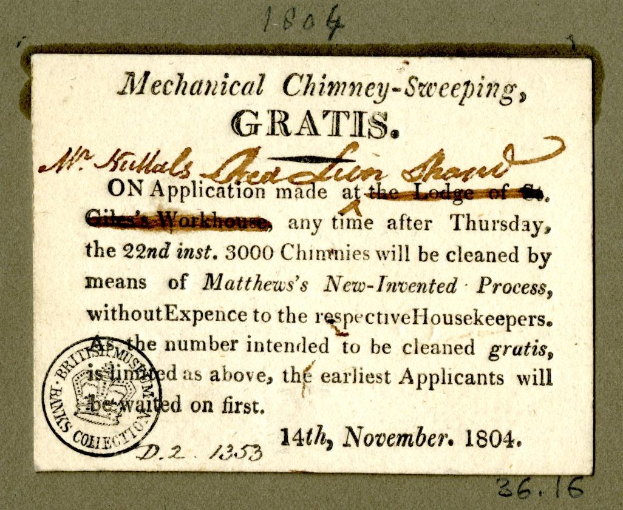 Papierdokument mit gedrucktem Text und einem roten Stempel, der "Mechanische Schornsteinreinigung, Gratis" lautet.