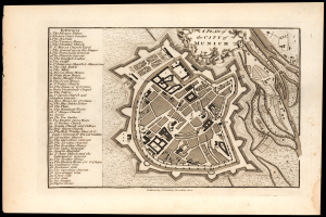 Ein alte Karte von München, Deutschland, auf einem schwarzen Hintergrund, die Straßen, Gebäude und Sehenswürdigkeiten mit beschrifteten Text zeigt.