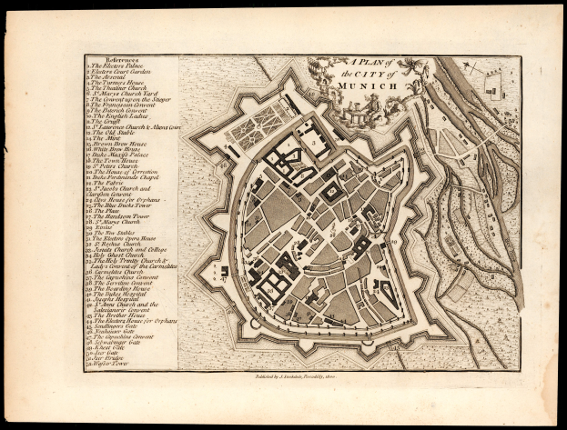 Ein alte Karte von München, Deutschland, auf einem schwarzen Hintergrund, die Straßen, Gebäude und Sehenswürdigkeiten mit beschrifteten Text zeigt.