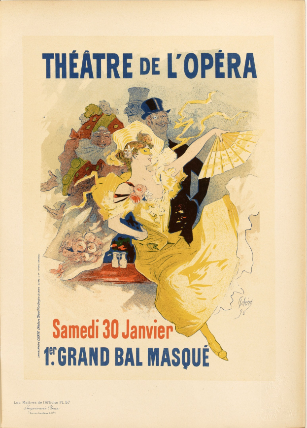 Plakat für das Théâtre de l'Opéra in Paris mit einer Frau in einem weißen Kleid mit einem blauen Schal, Text 'Theater der Oper' und einem tiefblauen Hintergrund mit Sternen.
