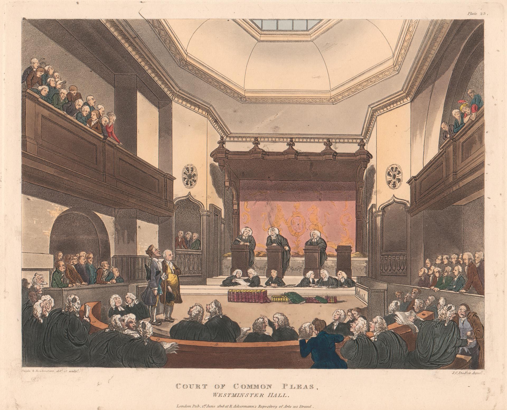 Gerichtssaal-Szene mit sitzenden und stehenden Personen, beschriftet mit "Court of Common Pleas, Westminster Hall, London, England" unten.