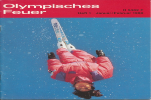 Ein Buchumschlag mit einem Skifahrer in der Luft, der einen Ski-Anzug trägt, mit dem prominenten Text "Olympische Spiele Feuer - Heft 1 - Januar/Februar 1988".