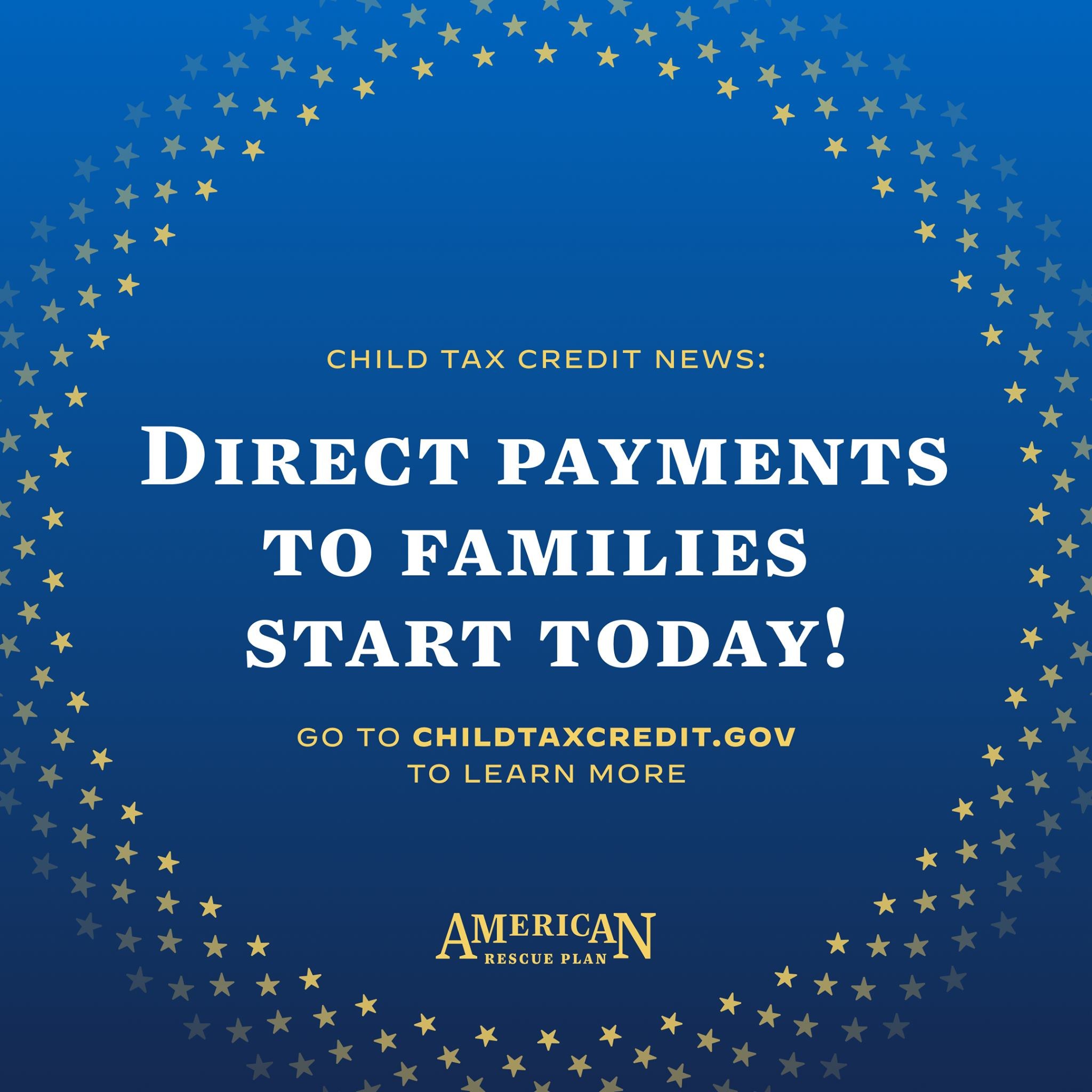 Plakat mit dem Text "Direkte Zahlungen an Familien beginnen heute" umgeben von einem Sternen-Design.