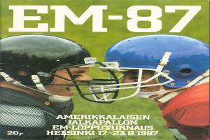 Ein Buchumschlag mit zwei Fußballspielern in Helmen mitten im Spiel, mit dem Text "em-87 Fußballprogramm".
