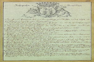 Altes Dokument mit der Aufschrift "Johann Wolfgang von Goethes Wiener Vertrag, 1777" in einem goldenen Rahmen mit einem Wappen.