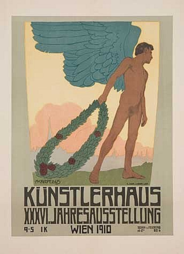 Deutsches Propagandaplakat aus dem Jahr 1910 mit einem geflügelten Mann in einem Kranz, mit der Aufschrift "Künstlerhaus Wien 1910" darüber.