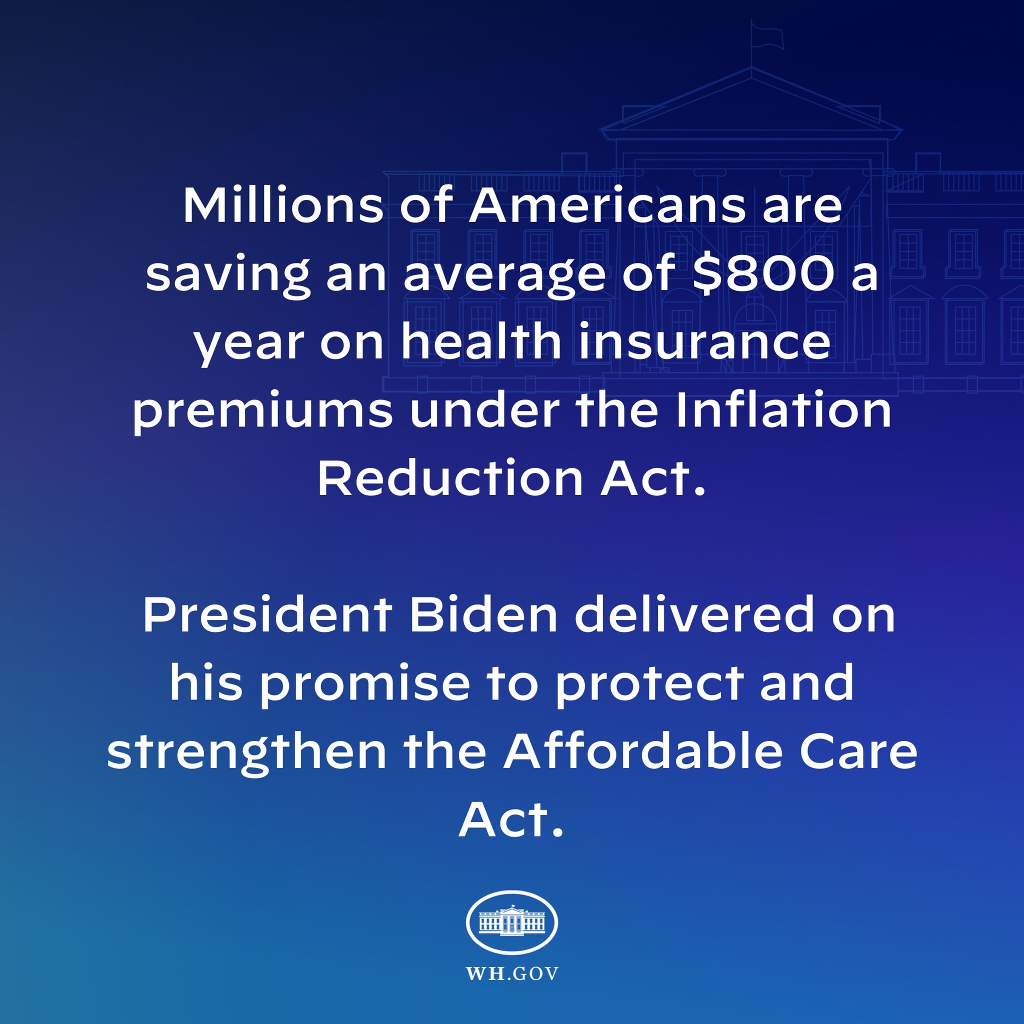 Blauer Hintergrund mit weißer Schrift, die besagt, dass Millionen von Amerikanern durchschnittlich 800 USD pro Jahr an den Gesundheitsversicherungsprämien unter dem Inflation Reduction Act sparen, zentriert mit einem Logo.