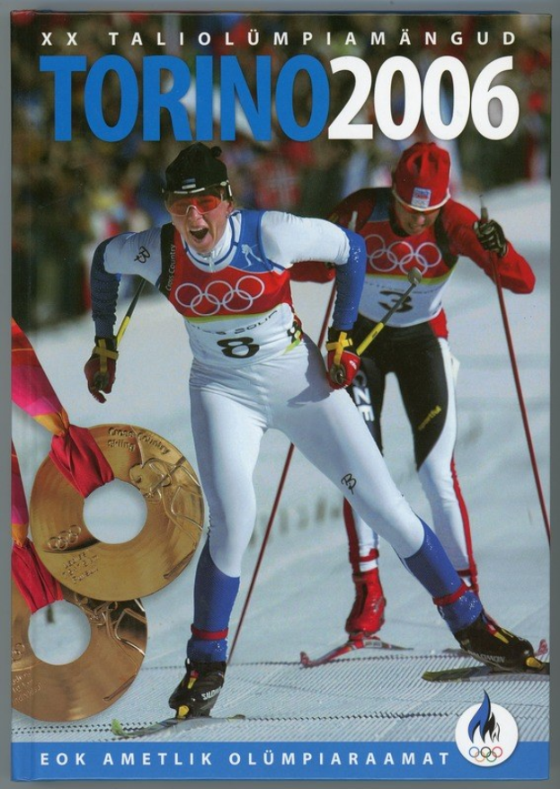 Plakat für die Olympischen Winterspiele 2006 in Turin, Italien, mit zwei Skifahrern auf dem Schnee und Ski-Stöcken sowie dem Text "Torino 2006" oben.