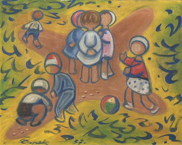 Malerei auf einer Tafel, die Kinder beim Spielen mit einem Ball in einem hellen, fröhlichen Feld zeigt.