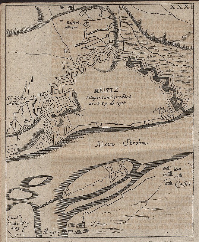 Alte detaillierte Karte von Meintz, Deutschland, zeigt Straßen, Gebäude und Sehenswürdigkeiten mit begleitendem Text über die Bevölkerung, Lage und Geschichte der Stadt.